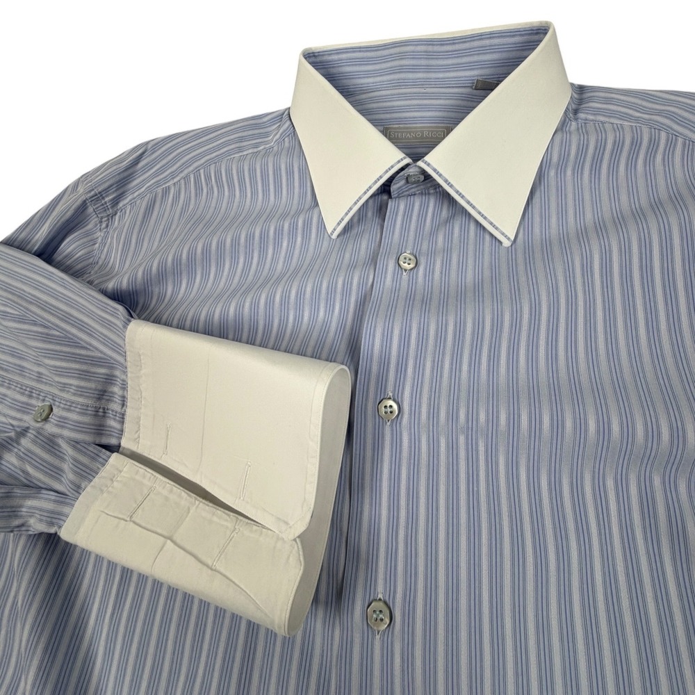 Stefano Ricci Mens Dress Shirt Blue White Striped Contrast Collar French Cuff 18